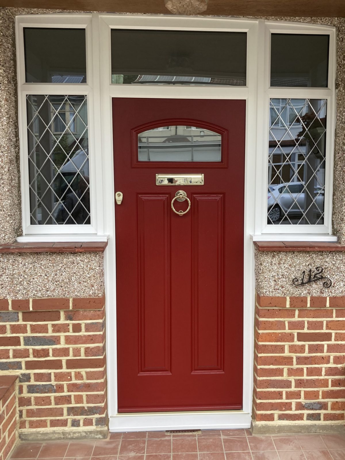 Gorgeous Berwyn Endurance Composite Door In Rich Red And Leaded Glass Sidelights